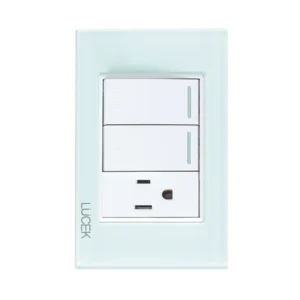 PLACA CON 2 INTERRUPTORES ESCALERA Y 1 CONTACTO DE 1 MÓDULO CRISTAL AZUL CRISTALINO  BP13-CCB- LUCEK